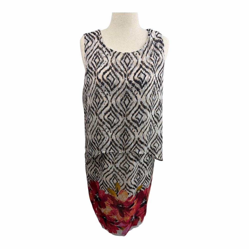 Cato Womens 22W Black White Floral Geometric Layered Sleeveless Sheath Dress